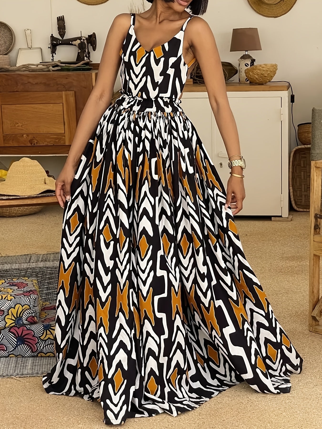 Women'S Casual Geometric Print Maxi Dress - Black, White, and Orange, V-Neck, Backless, Polyester, Summer Style, Elegant Maxi Dress | Vibrant Print Dress | Polyester Dress